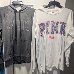 Pink Victoria's Secret Grey Hoodie And Pink&White Long Sleeve Shirt Size Medium